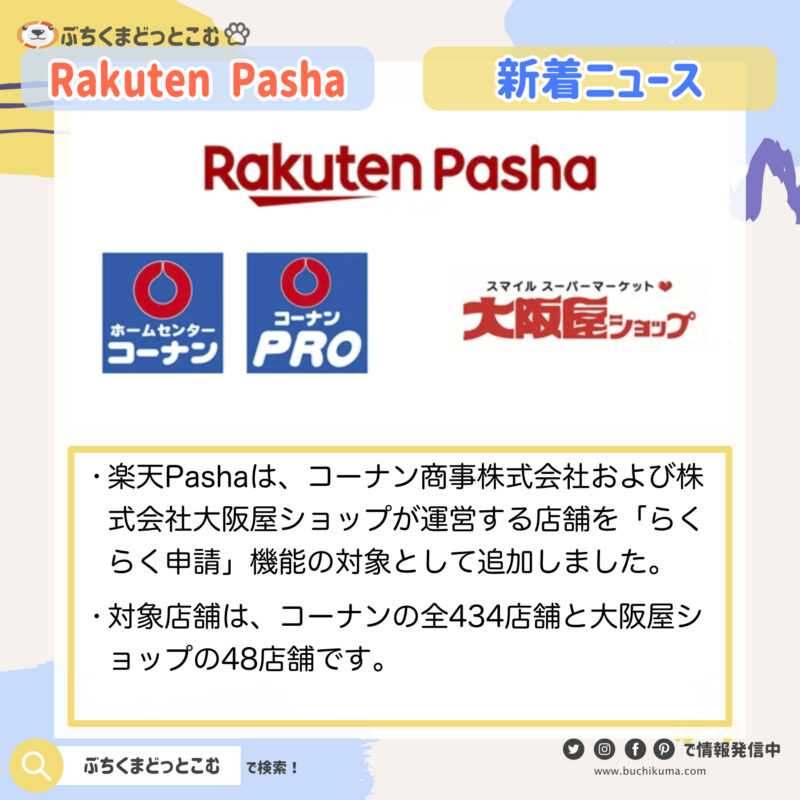 「楽天Pashaの「らくらく申請」機能、コーナンおよび大阪屋ショップの店舗を新たに追加」
