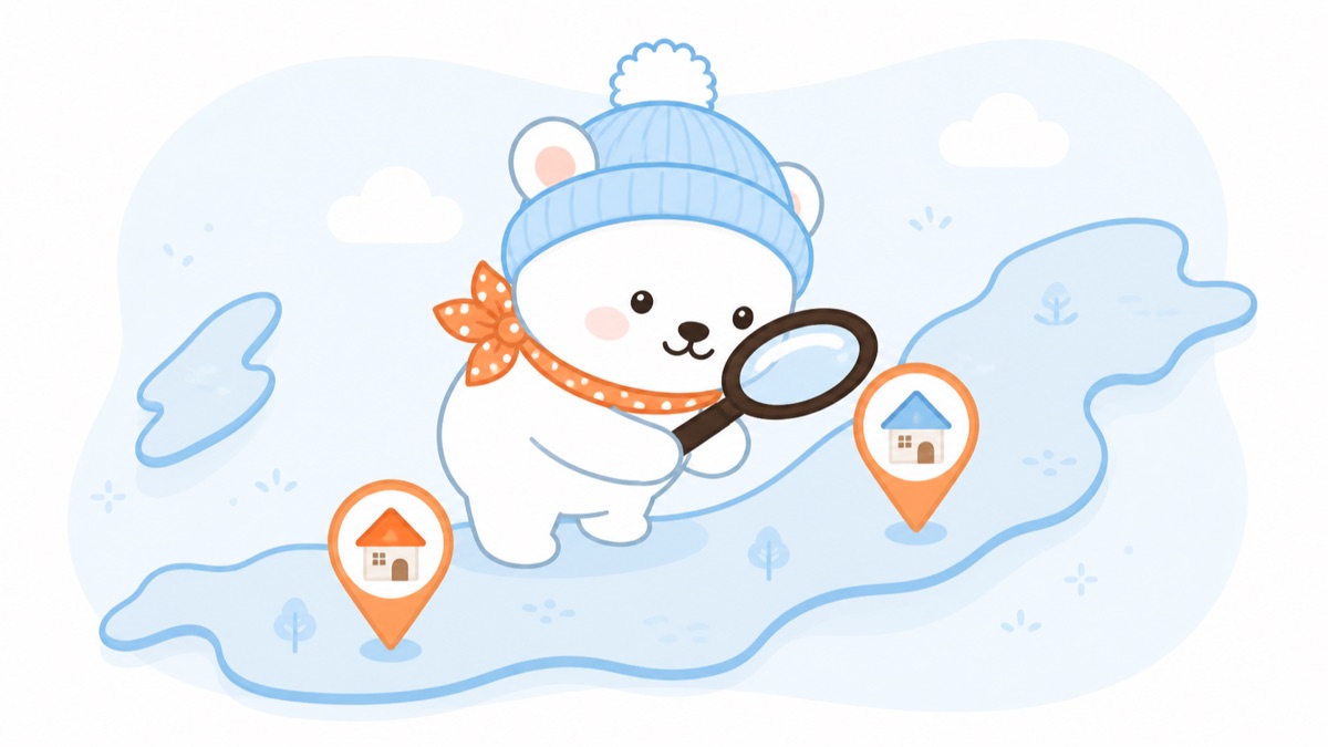 新潟県の地図と住所ピンを虫眼鏡で確認するしろくまのイラスト