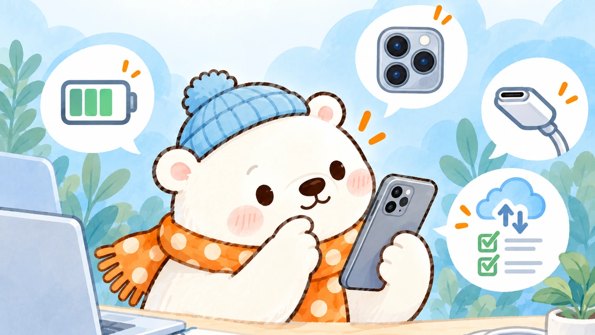 AppleCare+期限前にスマートフォンのバッテリーやカメラ、充電、バックアップを点検する白くまのイラスト